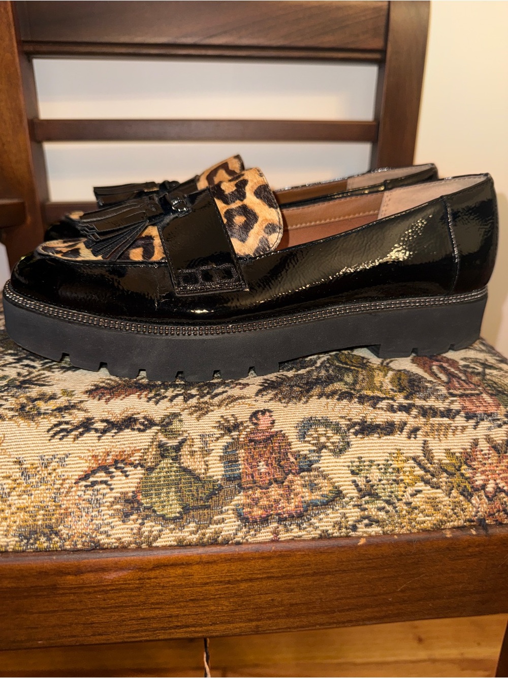 Franco Sarto Black Patent Leather Loafers with Leopard Print - Picture 5 of 14